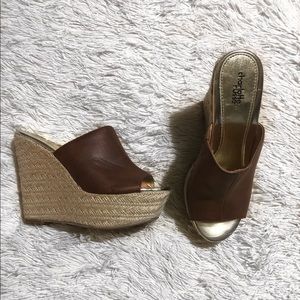 brown faux leather wedges with wicker bottoms